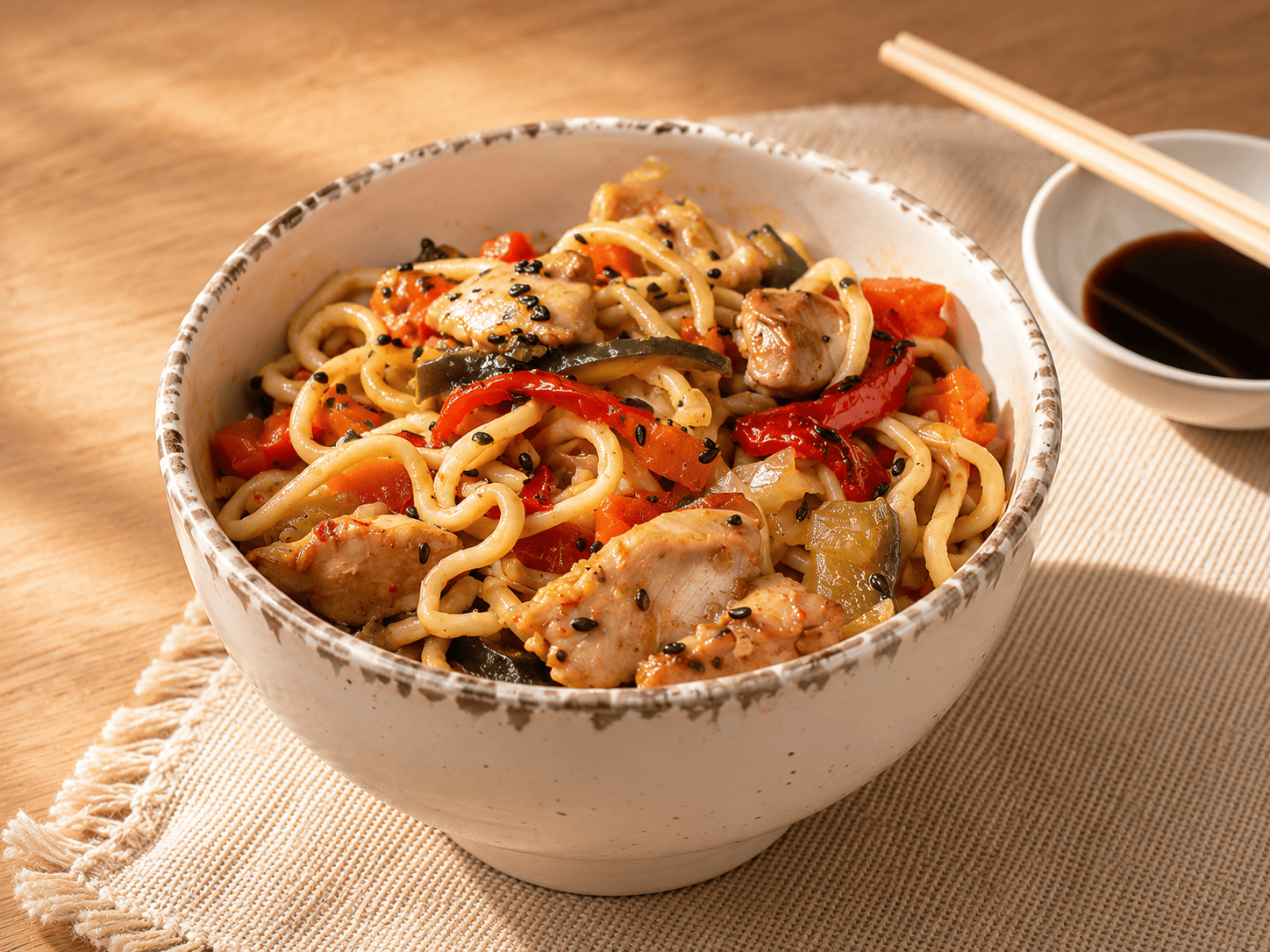 Wok de verdures, noodles i pollastre